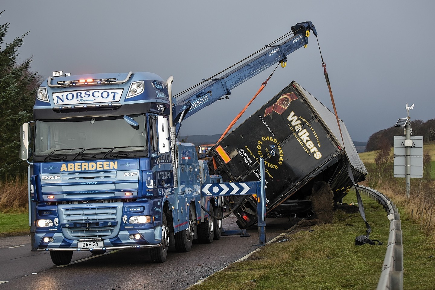The overturned lorry lying on the A96 