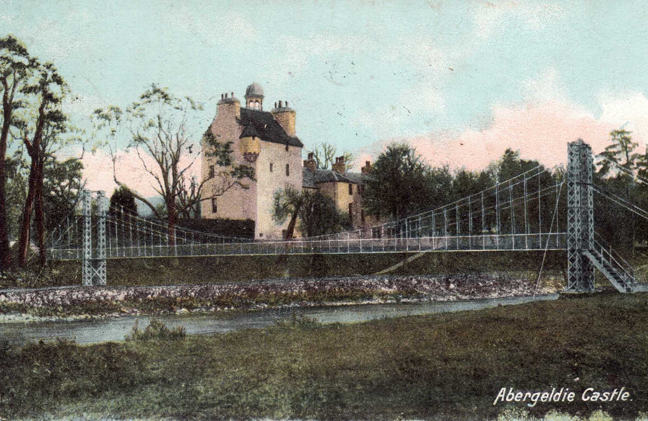 A postcard showing Abergeldie Castle in the early 1900's looking south over the River Dee on Royal Deeside 