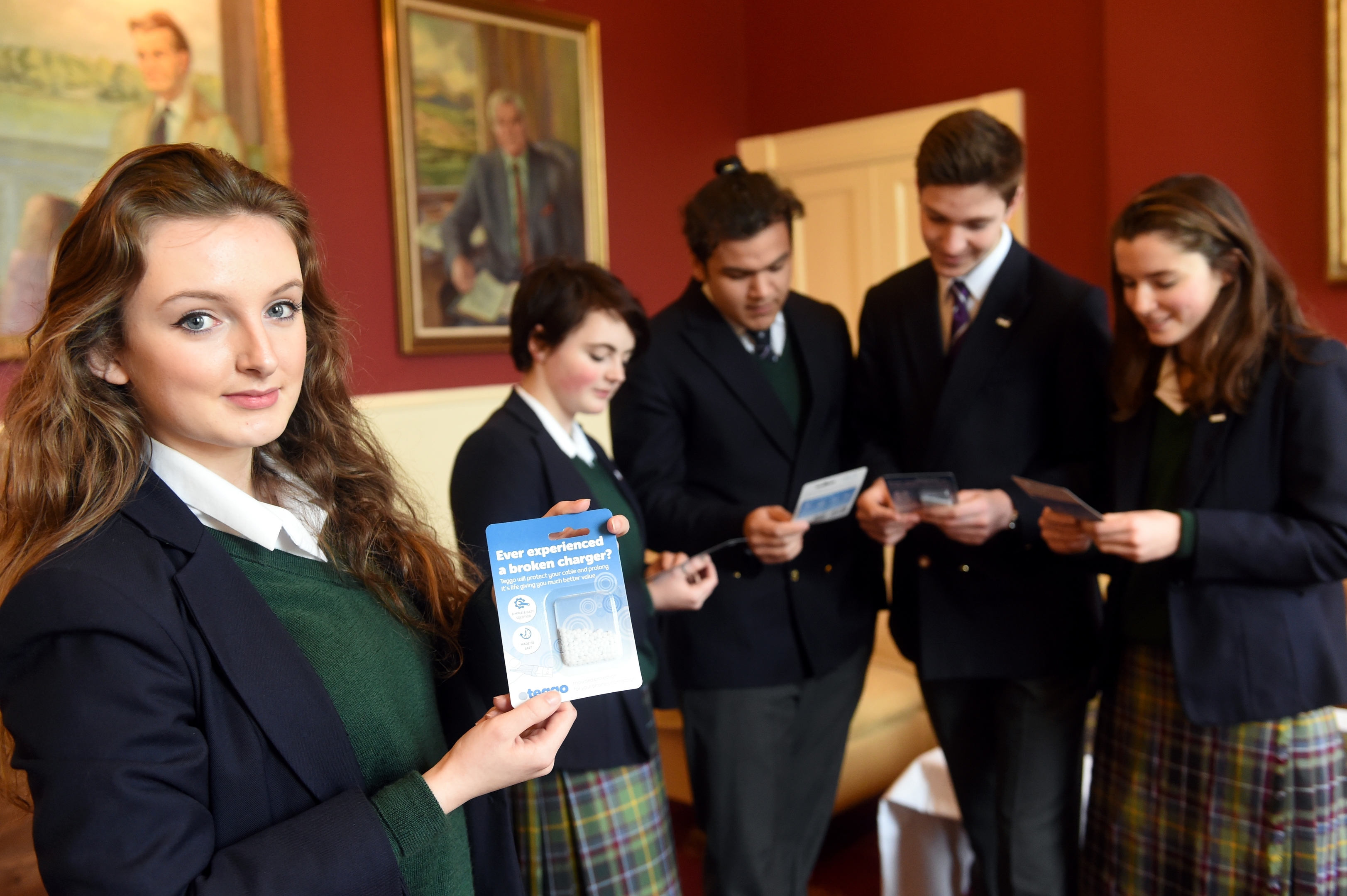 The team from Gordonstoun which entered Dragons Glen with their new product, 'Teggo'. L-R: Grace Pritcherd, Imogen Mornement, Kane Edwards, Hugh Cunningham, Ciara Middleton, all from S6. Picture by Gordon Lennox 