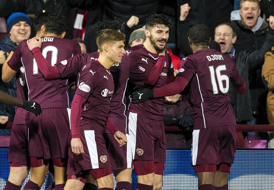 Hearts' Callum Paterson celebrates his goal with his team-mates