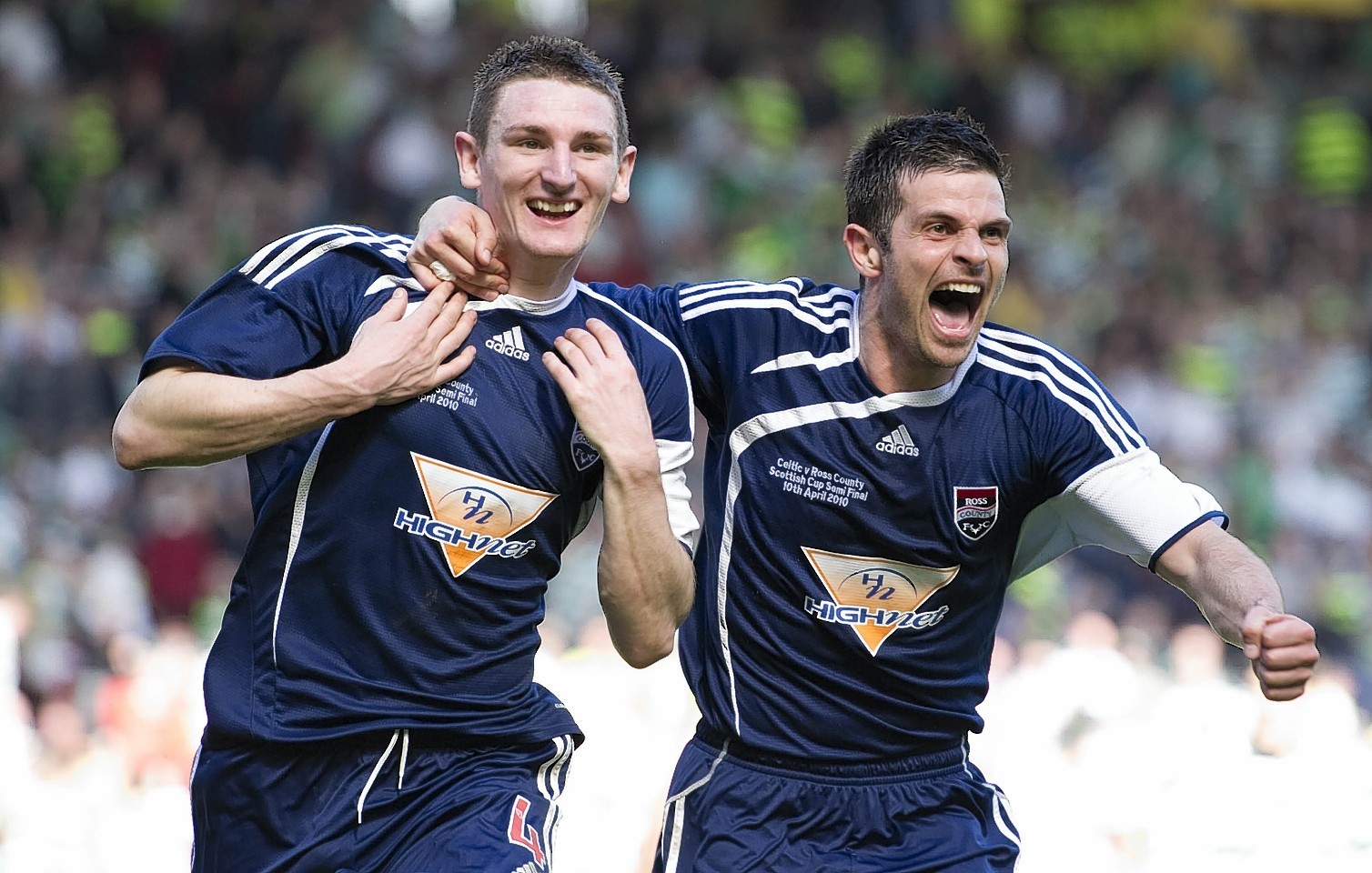 Martin Scott (left) celebrates Ross County's second with team mate Steven Craig when the teams met at Hampden in 2010
