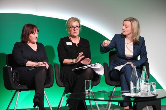 Kerry McCarthy, session chair Charlotte Smith and Liz Truss.