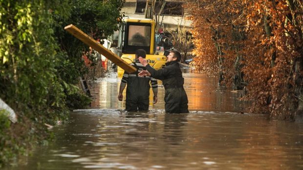 Flood water in Port Elphinstone, Aberdeenshire, after the River Don rose to record levels and burst its banks amid continued heavy rain