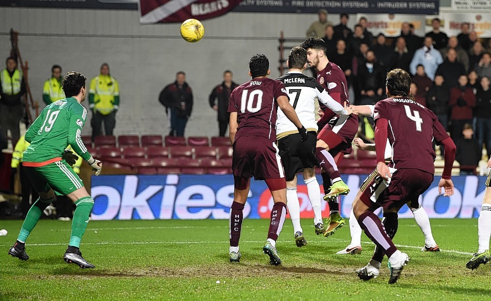 Hearts' Callum Paterson heads home the only goal of the game