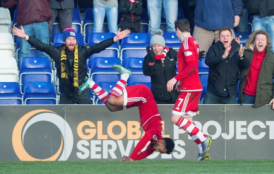 Shay Logan celebrates his first goal against Ross County
