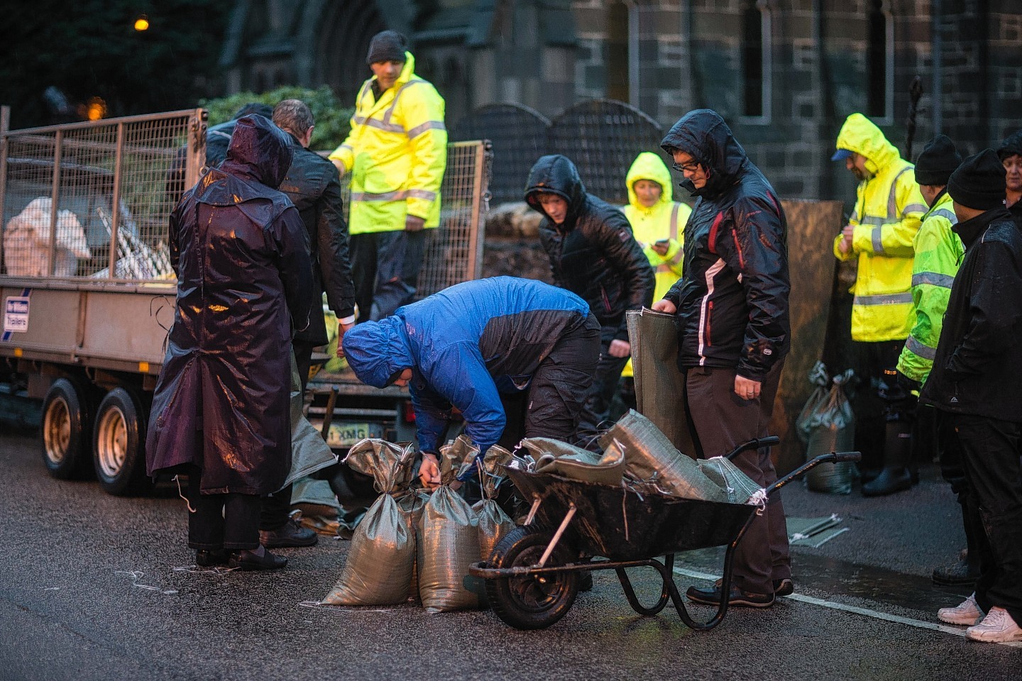 Sandbags are handed out in Stonehaven as residents try to guard against flooding 