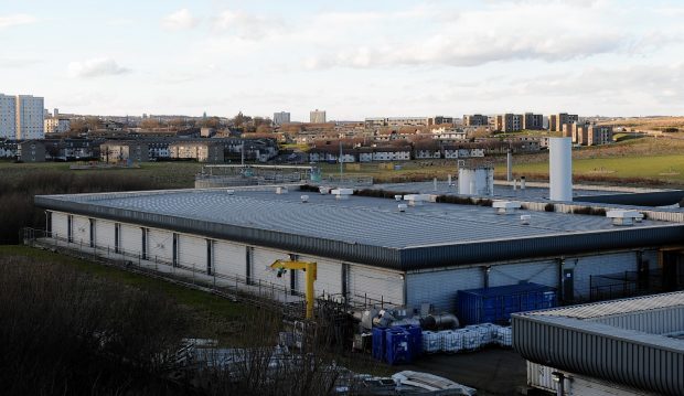 Nigg Waste Water Treatment Plant, Coast Rd, Aberdeen, with Torry in the background.