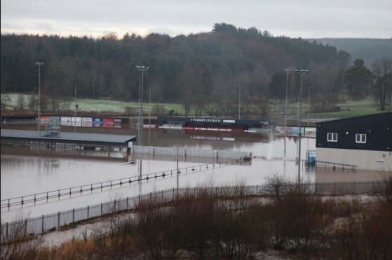 Turriff United's The Haughs pitch has been badly hit by the floods. Pictures by Mike Rawlins of My Turriff