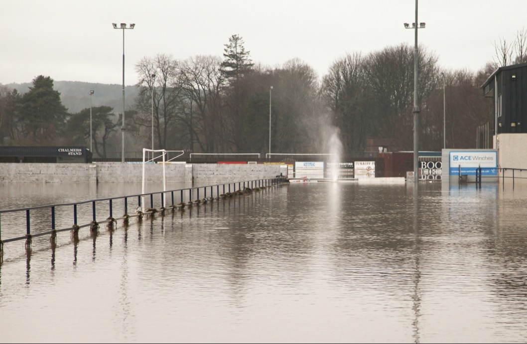 Turriff United's The Haughs pitch has been badly hit by the floods. Pictures by Mike Rawlins of My Turriff