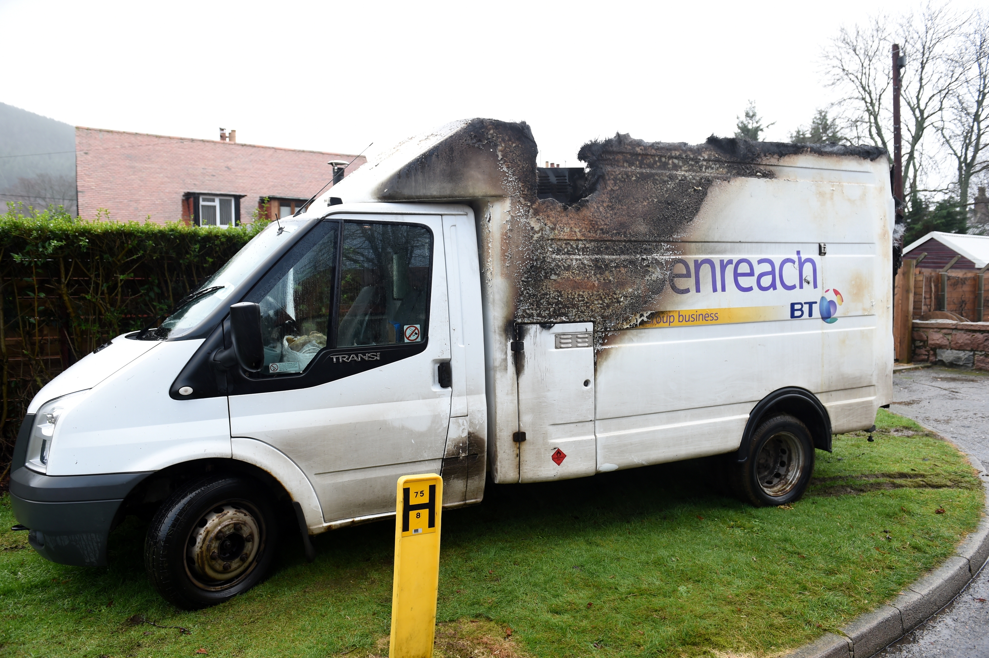 Burnt out BT van on Hawthorn Crescent, Ballater. Pictures by KENNY ELRICK 