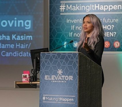 Aisha Kasim, founder of Madame Hair, addressing the audience at the Elevator Conference in Aberdeen in November 2015.