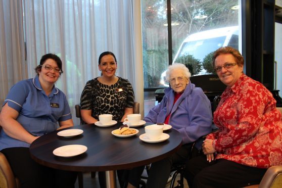 From left, Sarah Balch, Kristin Jackson-Brown,   Grandholm evacuee Lucy Morrice and  Karen Ewen enjoy a cup of tea at Deeside Care Home in Cults