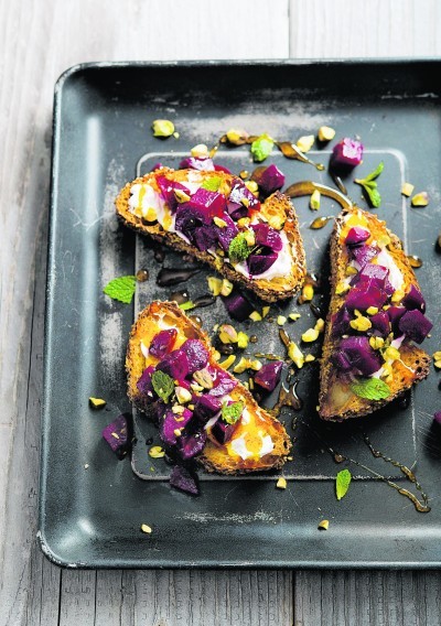 Roasted Beets on Toast with Labneh and Saffron Honey