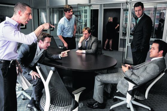 From left: Jeremy Strong, Rafe Spall, Hamish Linklater, Steve Carell, Jeffry Griffin and Ryan Gosling in The Big Short