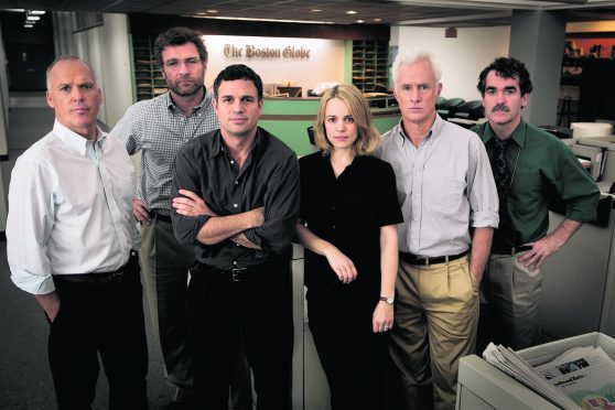 From left: Michael Keaton, Liev Schreiber, Mark Ruffalo, Rachel McAdams, John Slattery and Brian d’Arcy James in Spotlight
