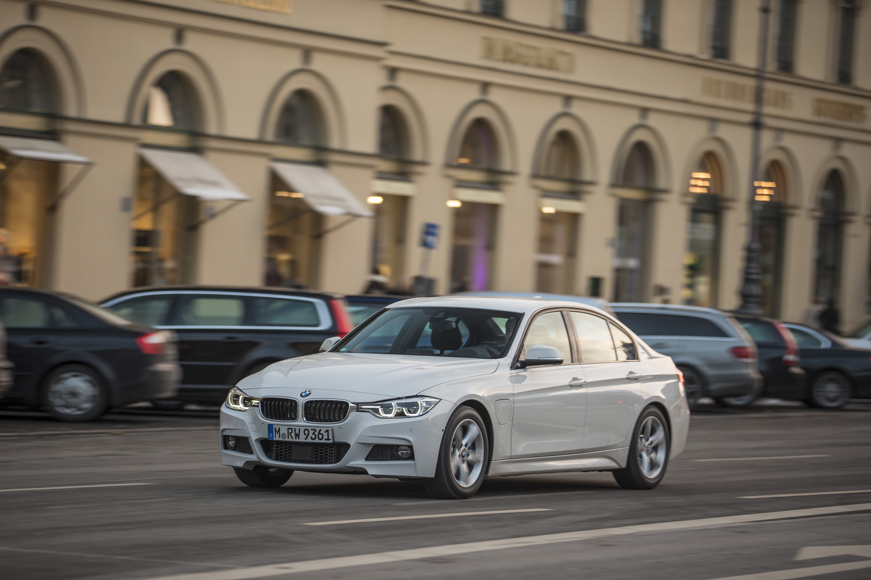 Seen here on the streets of Munich, the 330e is as comfortable in town as it is on the autobahn. It will travel on electric-only power for around 20 miles.