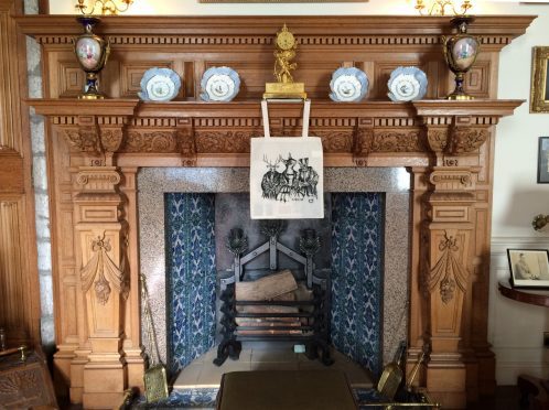 One of the bags inspired by Drum Castle on show in the  ancient building