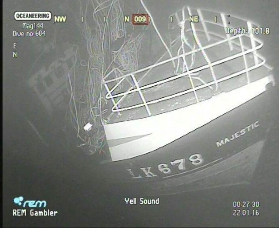Pictures taken by an underwater vehicle by subsea engineering firm Oceaneering revealed the vessel lying beside BP’s Magnus EOR gas pipeline