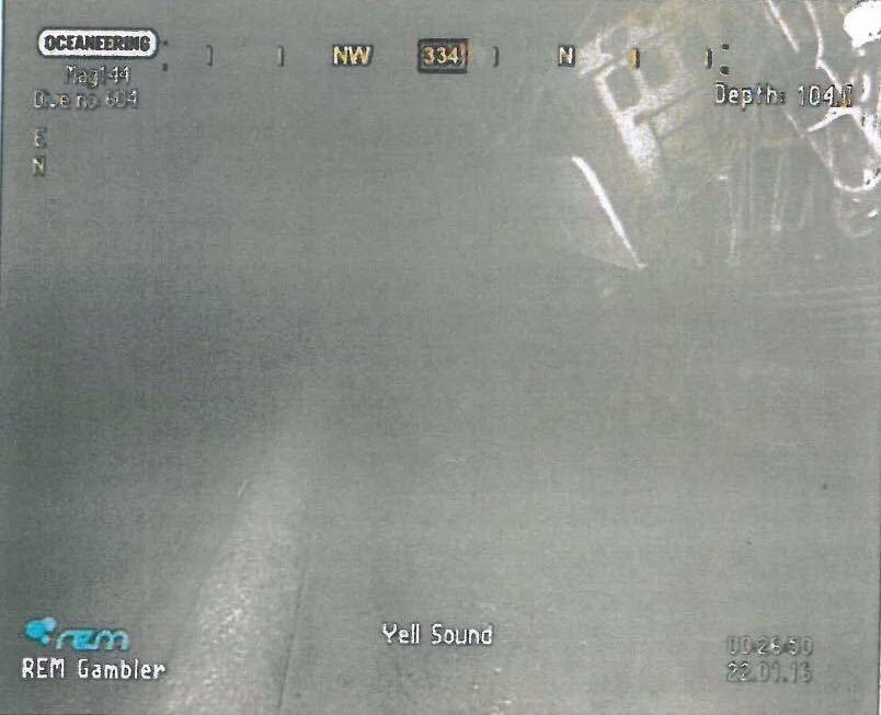 Pictures taken by an underwater vehicle by subsea engineering firm Oceaneering revealed the vessel lying beside BP’s Magnus EOR gas pipeline