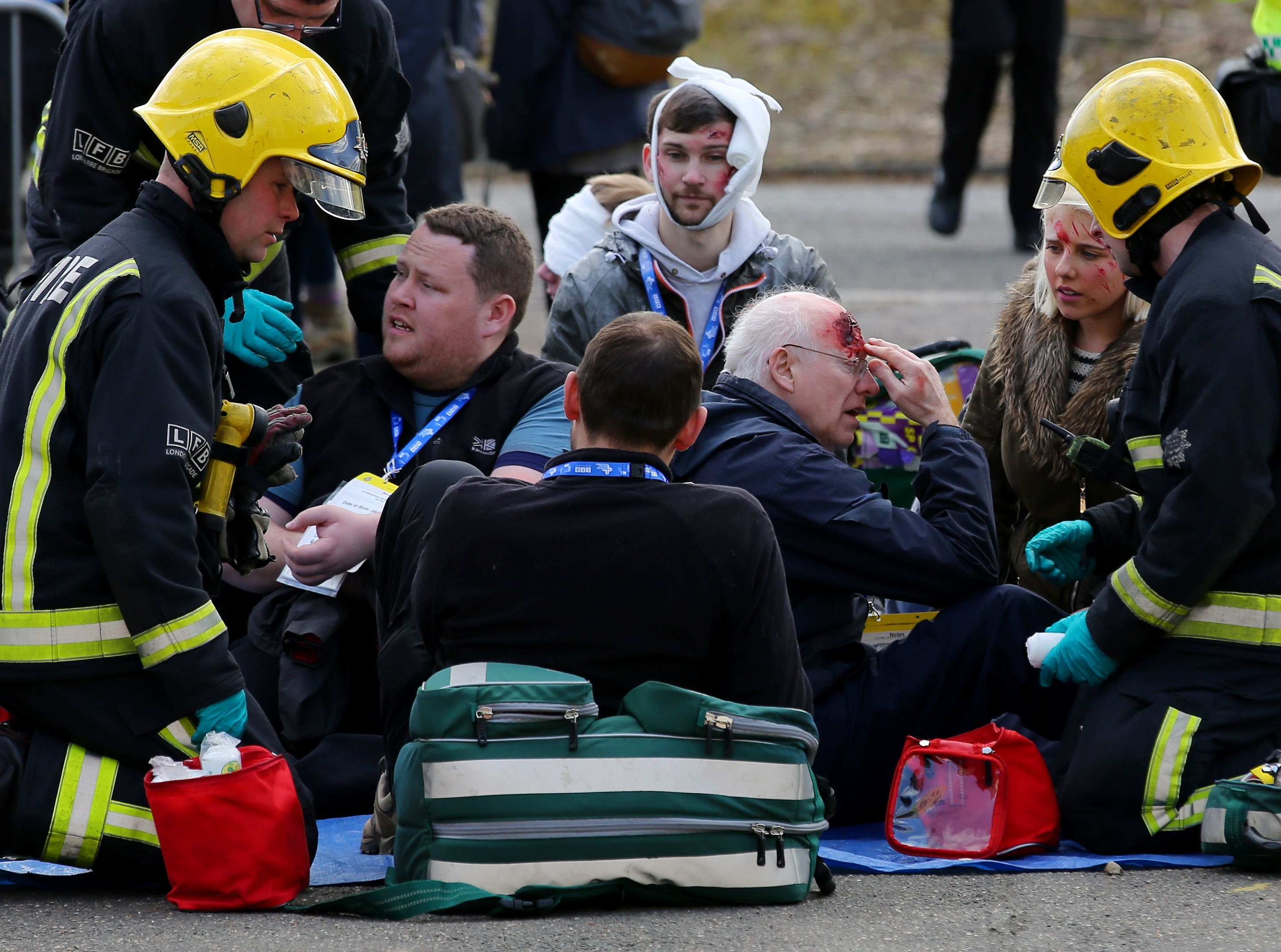 Actors play the role of disaster victims during Exercise Unified Response, an emergency services training exercise, at Littlebrook Power Station in Dartford, Kent. PRESS ASSOCIATION Photo. Picture date: Monday February 29, 2016. The staged scenario is being carried out to prepare specialist emergency crews for a large-scale operation
