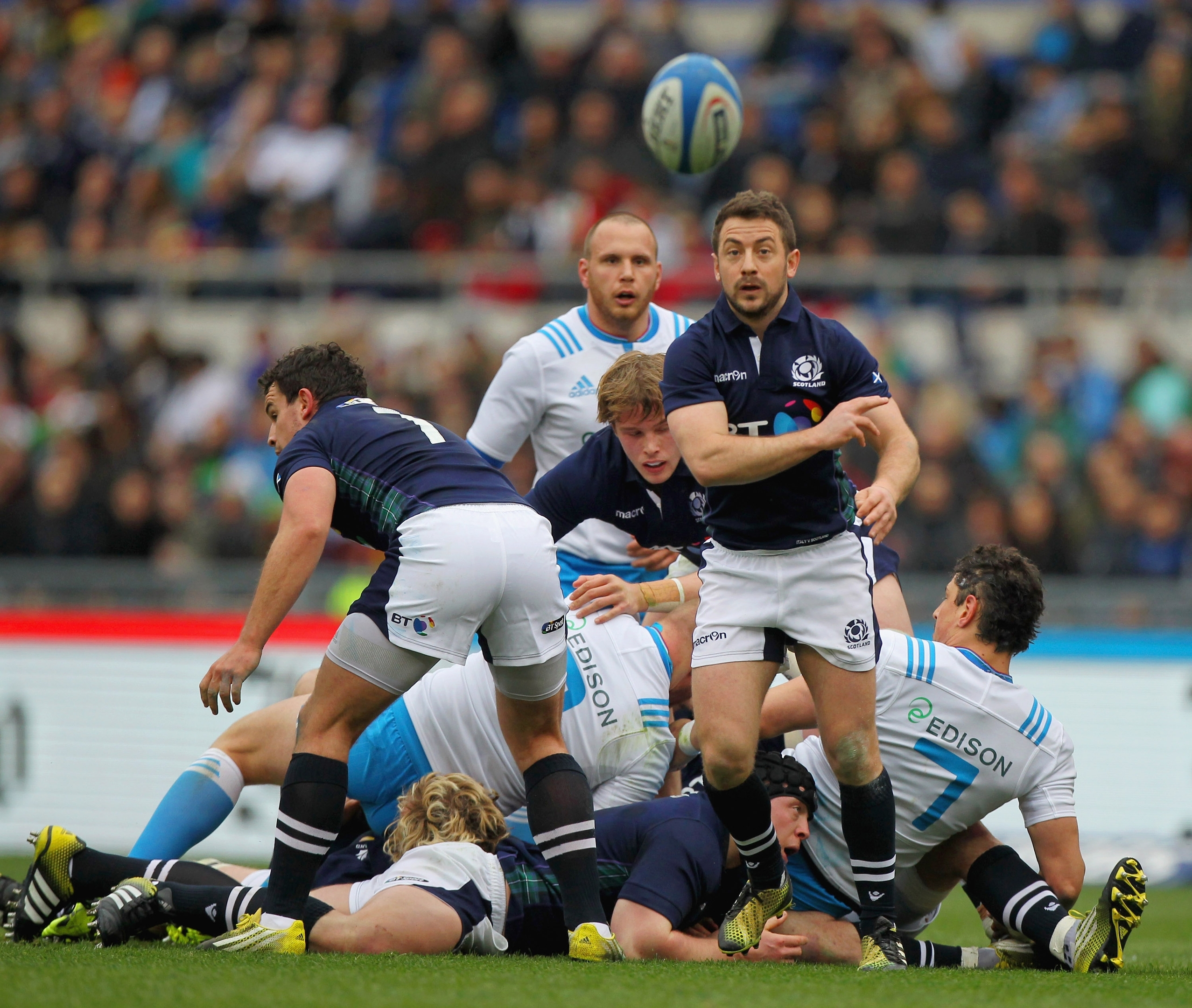 Greig Laidlaw of Scotland passes the ball during the RBS Six Nations match between Italy and Scotland at Stadio Olimpico