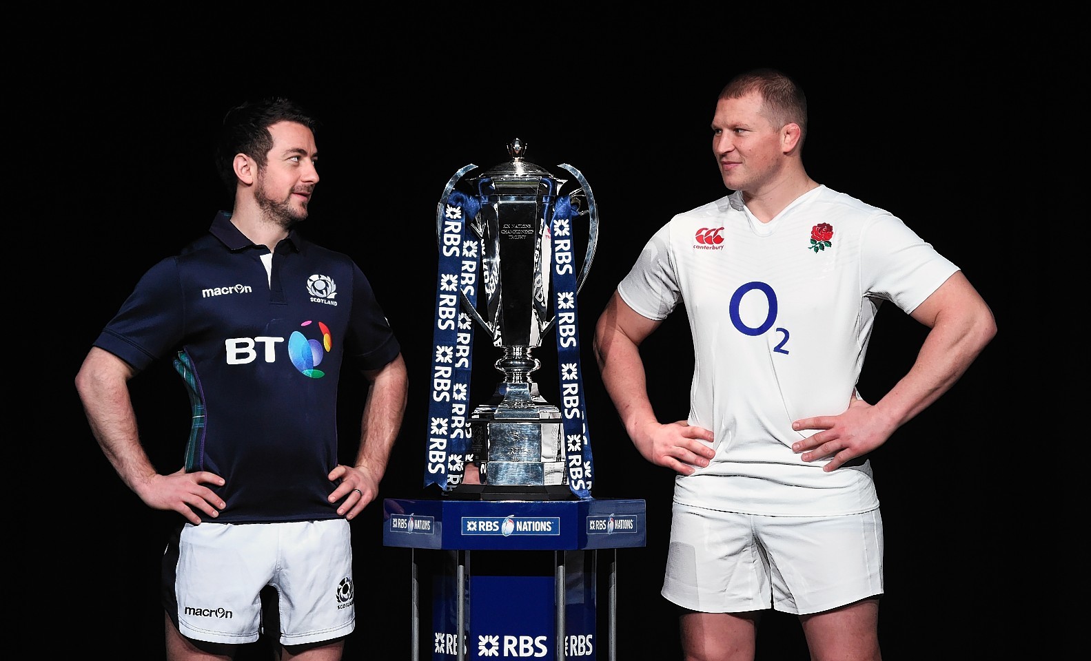 Greig Laidlaw, captain of Scotland and Dylan Hartley, captain of England pose with the trophy during the RBS Six Nations launch