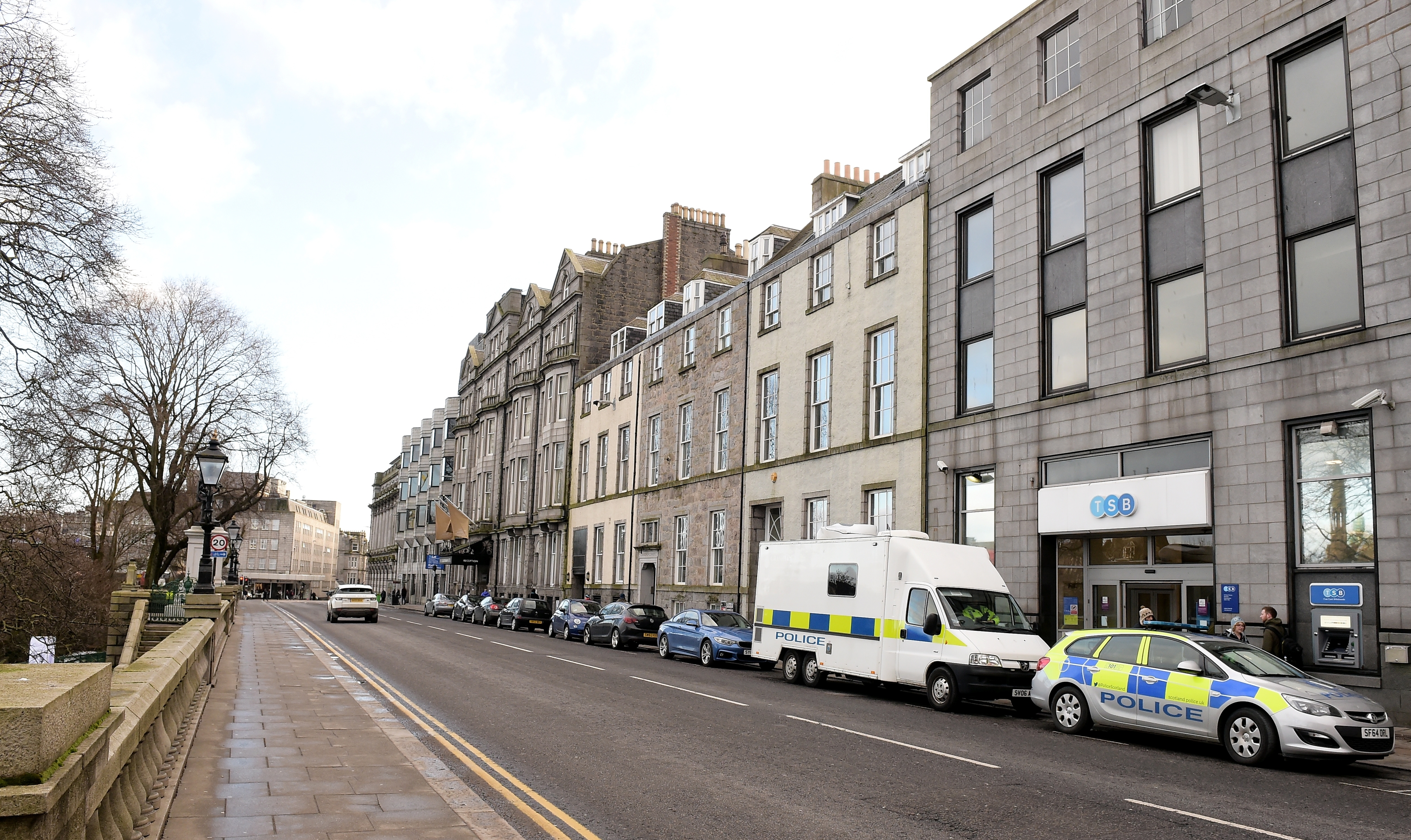 Police on the scene  following the death of a woman within a residential property on Union Terrace, Aberdeen. 
    
Picture by Kami Thomson