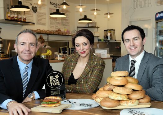 Pictured at the launch of the 2016 Elevator Awards - L-R Elevator Chief Executive Gary McEwan, Bagels & Stuff owner Louise Divarquez and RBS corporate and commercial banking director Russell Whyte