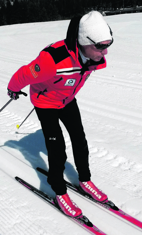 Giorgio the ski instructor during a lesson on the practice track in the Alta Badia region in Italy's Dolomites
