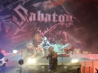 Sabaton's tank-themed drum set on the stage of the Music Hall 