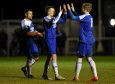 Daryl Nicol celebrates scoring. with fellow goal scorers Jamie Watt and Harry Milne. Picture by Kenny Elrick