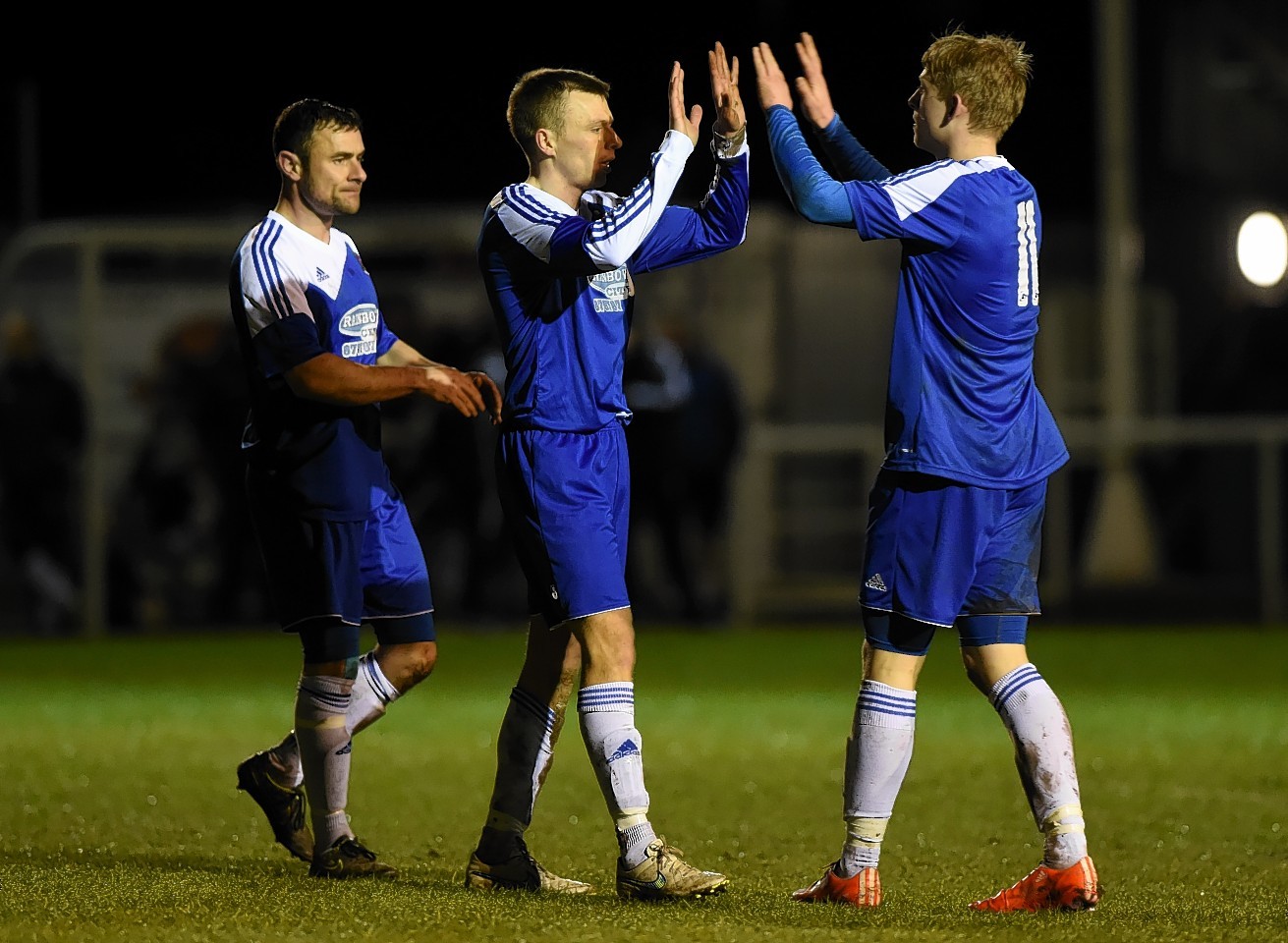 Daryl Nicol celebrates scoring. with fellow goal scorers Jamie Watt and Harry Milne. Picture by Kenny Elrick