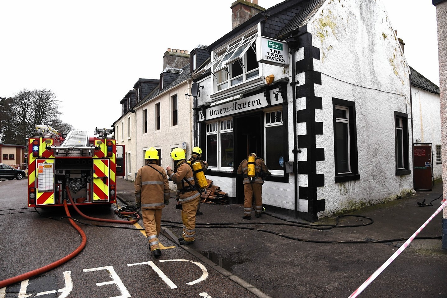 Fire crew outside the Union Tavern in Fortrose.