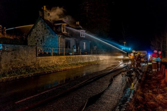 The blaze at the cottage near Mossat last night. Credit: Brian Smith/Jasperimage.