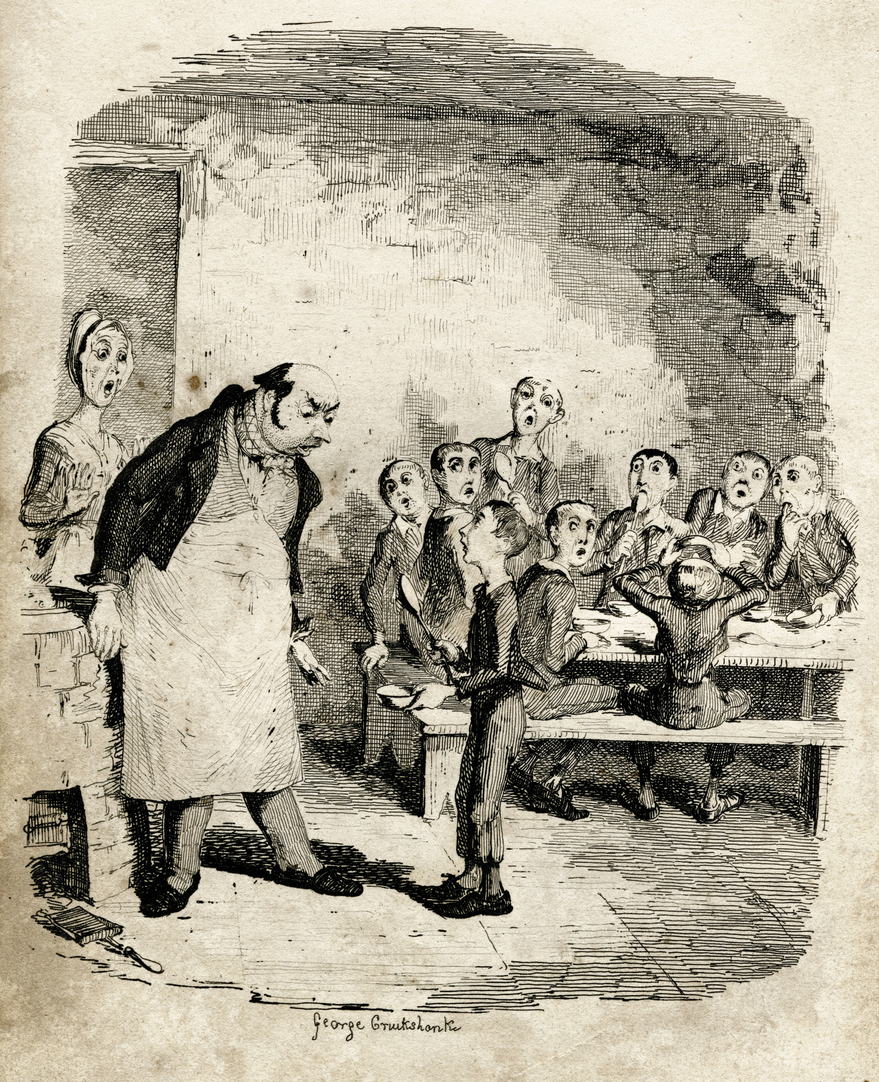 Oliver Twist: Oliver asking for more by George Cruikshank, from Oliver Twist (1838)