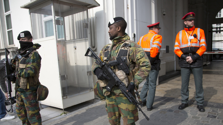 Soldiers from the Belgian Army stand guard following the terror raids 