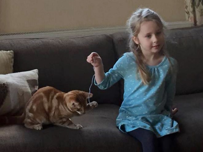 Eliza Adamson-Hopper, five, playing with her cat Mittens, after writing to the Chief Constable of Durham Police, asking why there are no police cats