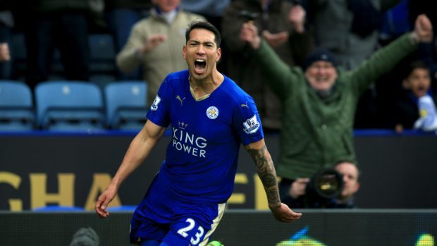 Fans celebrate Leonardo Ulloa's goal for Leicester City