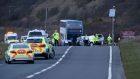 Emergency services at the scene of a crash between a bus and a 4x4 vehicle on the A78 near Ardrossan in North Ayrshire