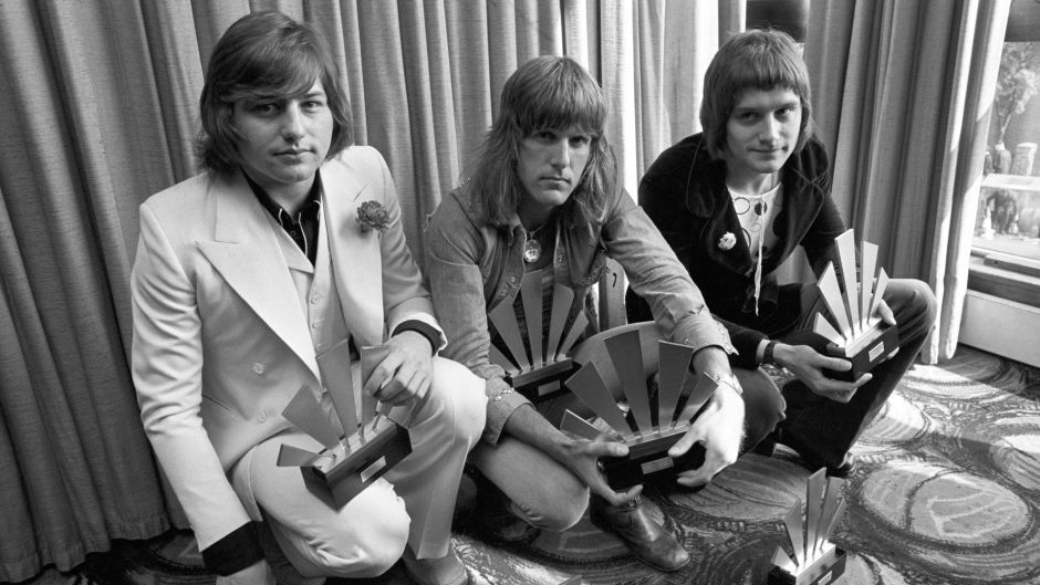 Greg Lake, Keith Emerson and Carl Palmer at Kennington Oval in 1972 with their awards gained in the Melody Maker Polls