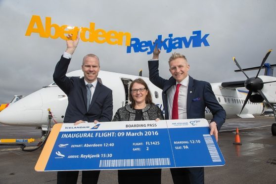 Aberdeen International Airport managing director Carol Benzie with Air Iceland chief executive Arni Gunnarsson, left, and Icelandair general manager Andres Jonsson