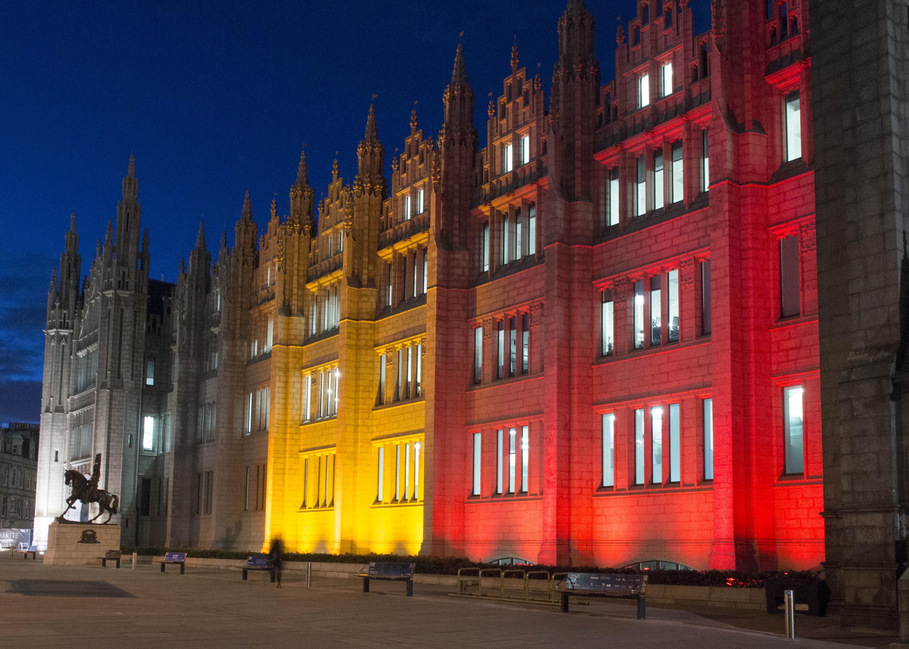 Marischal College lit up with the colours of Belgium flag. (Picture: Norman Adams, Aberdeen City Council)