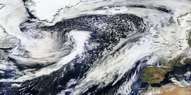 The 2,000-mile Atlantic tempest hitting on Saturday is shown nearing Britain