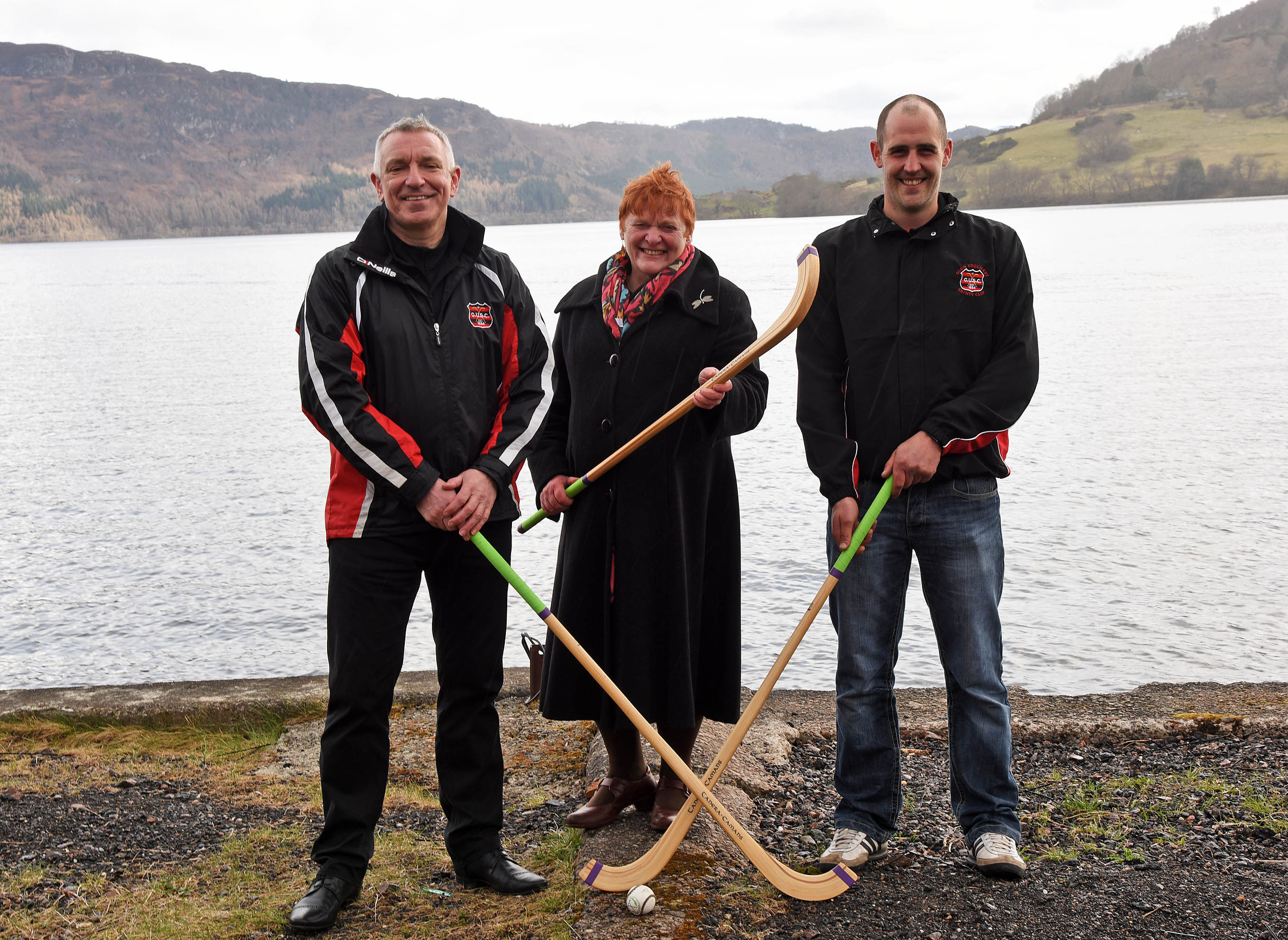 Cllr Margaret Davidson (centre) with Billy MacLean (left) and Lewis MacLennan of Glenurquhart Shinty Club. Picture by Phil Dwnie
