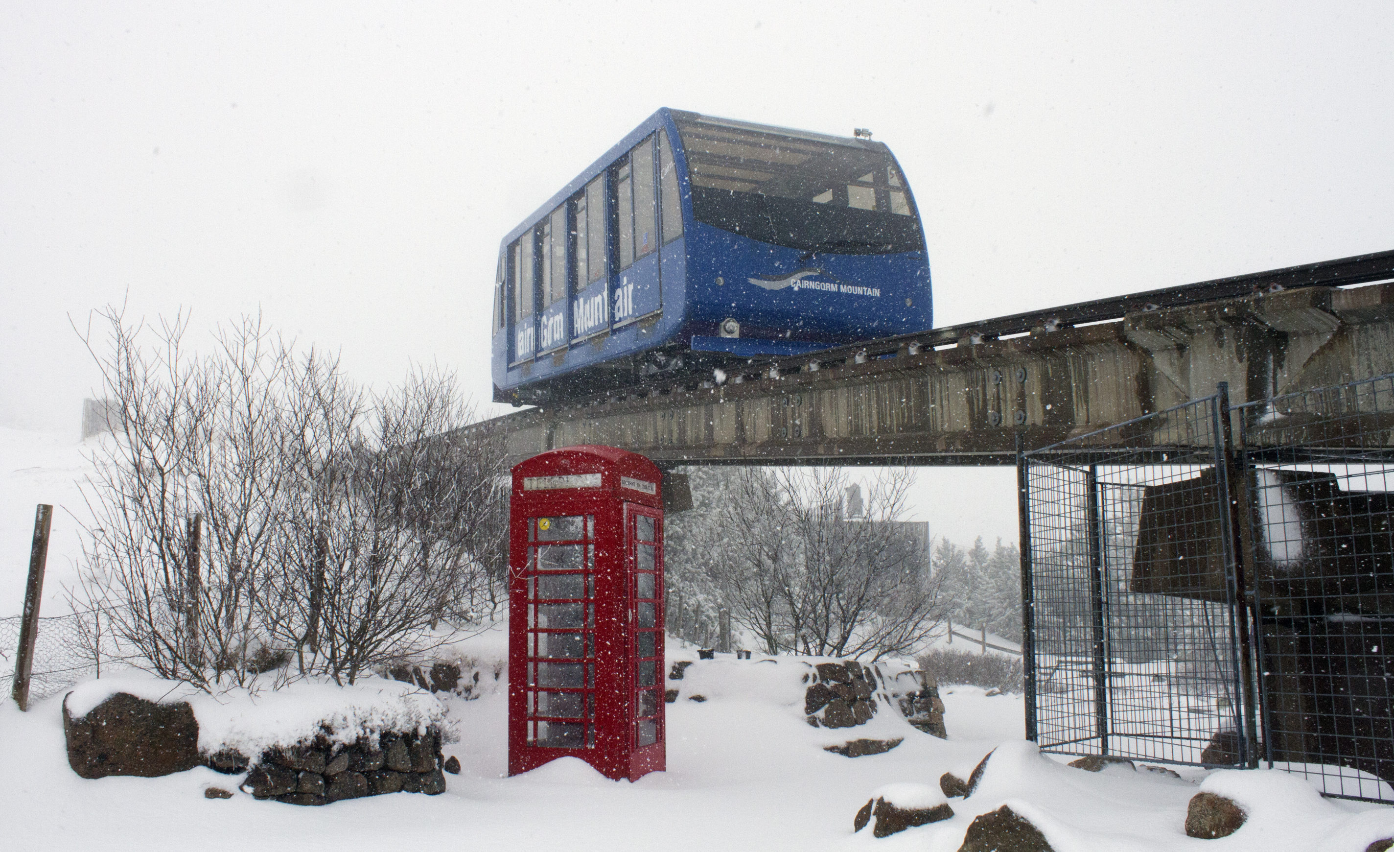 The funicular railway at CairnGorm Mountain in snowy conditions.