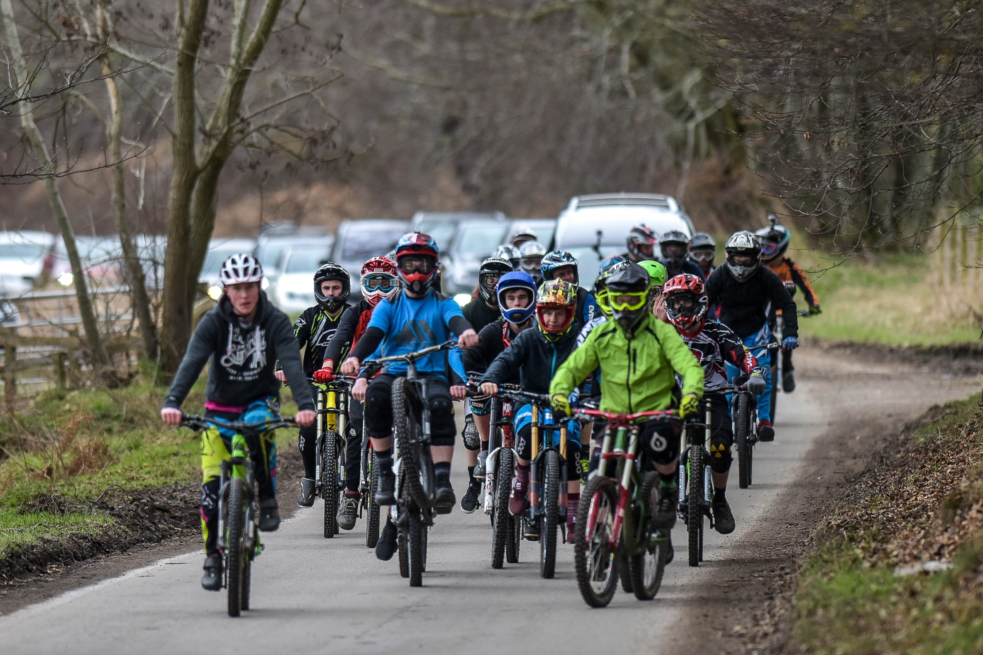 Mountain Bikers lead the funeral cortege for Keiran McKandie, 16, to the graveyard at Pluscarden Parish Church near Elgin, Moray on April 01 2016. See Centre Press story CPFUNERAL;