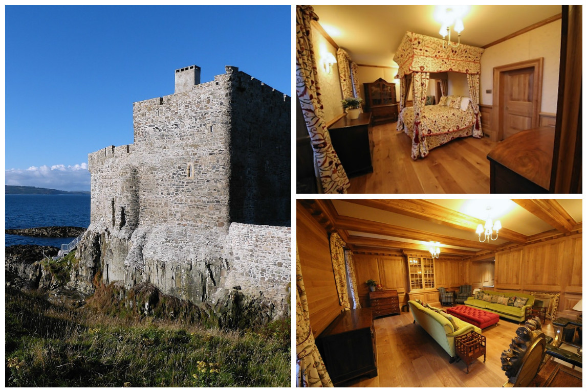Mingary Castle, with the reception room and one of the luxury bedrooms.