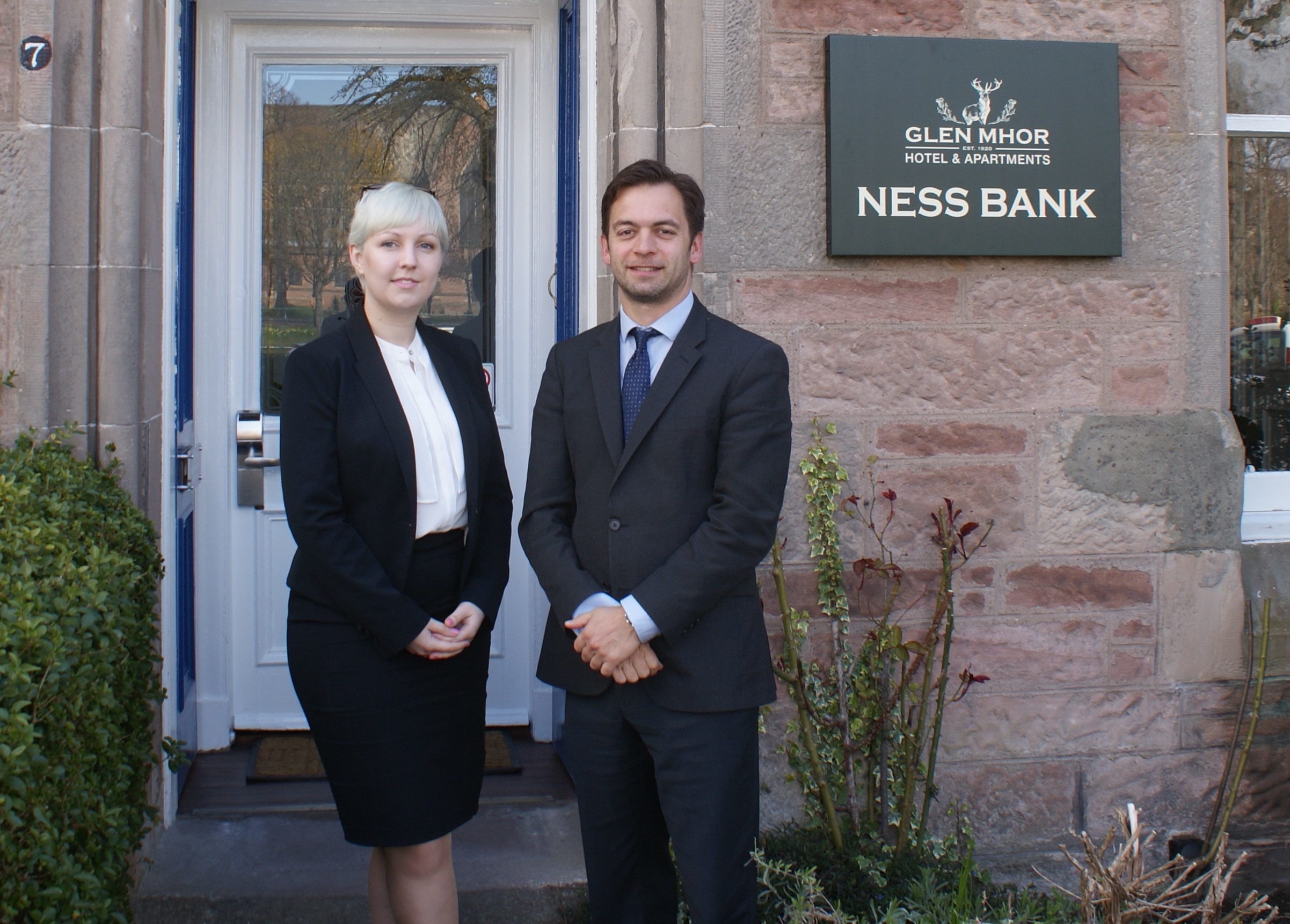 Glen Mhor General Manager Emmanuel Moine (right) and new Sales and Marketing Manager Hanna Garrett outside the hotel’s new Ness Bank property.