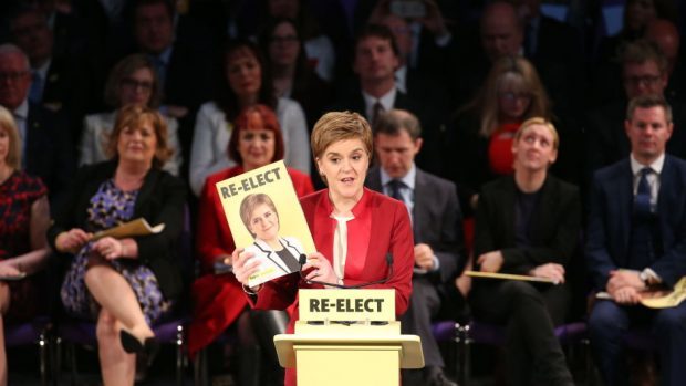 SNP leader Nicola Sturgeon launches the party's Scottish Parliament election manifesto at the Edinburgh International Conference Centre in Edinburgh, as the party bids for its third term in power.
