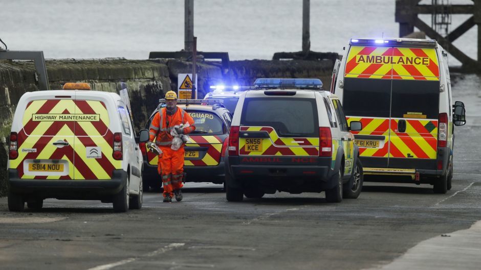 Police and ambulances on a pier near the site of the new Queensferry Crossing after a construction worker died.